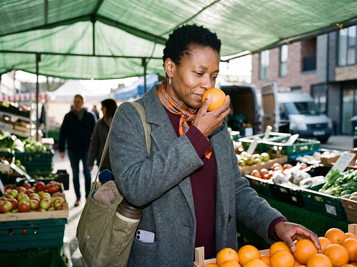 A Black woman in her late 40s with short natural hair, in an oversized coat and a bright scarf, chooses oranges at an outdoor market stall on a bright morning, one orange held up to her nose.
