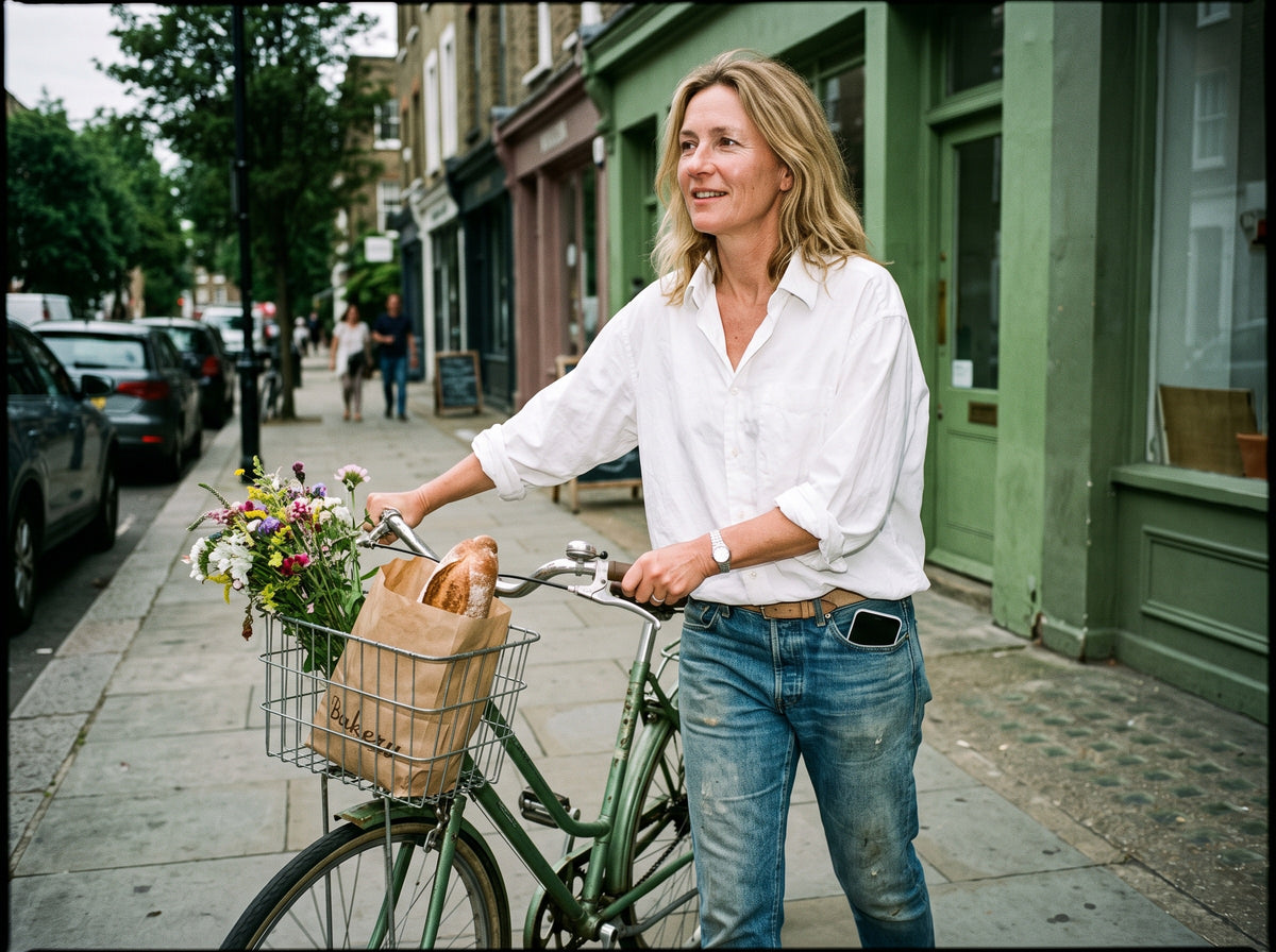 A woman in her late 40s with shoulder-length blonde hair, in a men's white shirt and faded jeans, pushes an old bicycle along a quiet street in the daytime, a bunch of flowers and a loaf of bread in the front basket, glancing sideways at something off-frame.