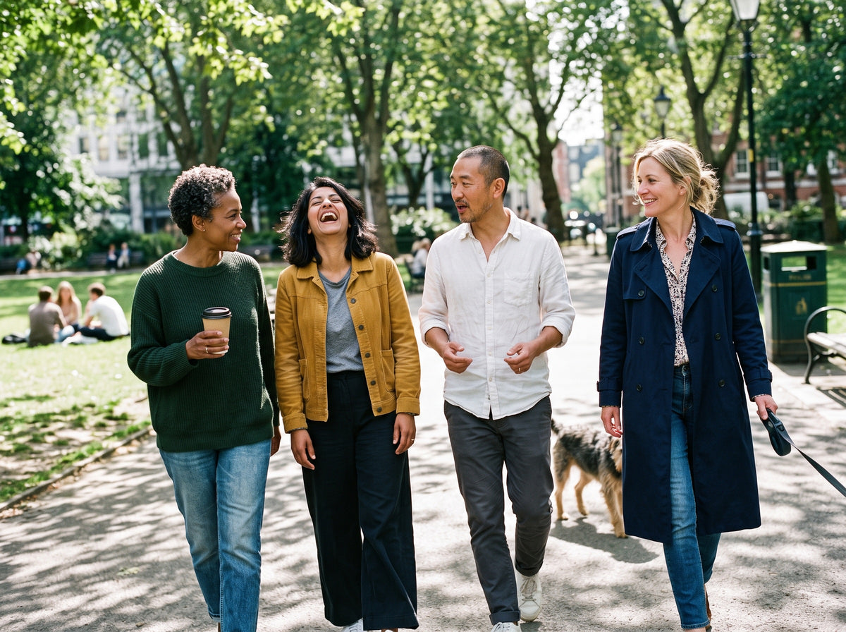 Four friends in their 40s and 50s, three women and one man, of different ethnic backgrounds and different body sizes, walk side by side through a city park on a bright day, mid-conversation, one of them throwing her head back in laughter.