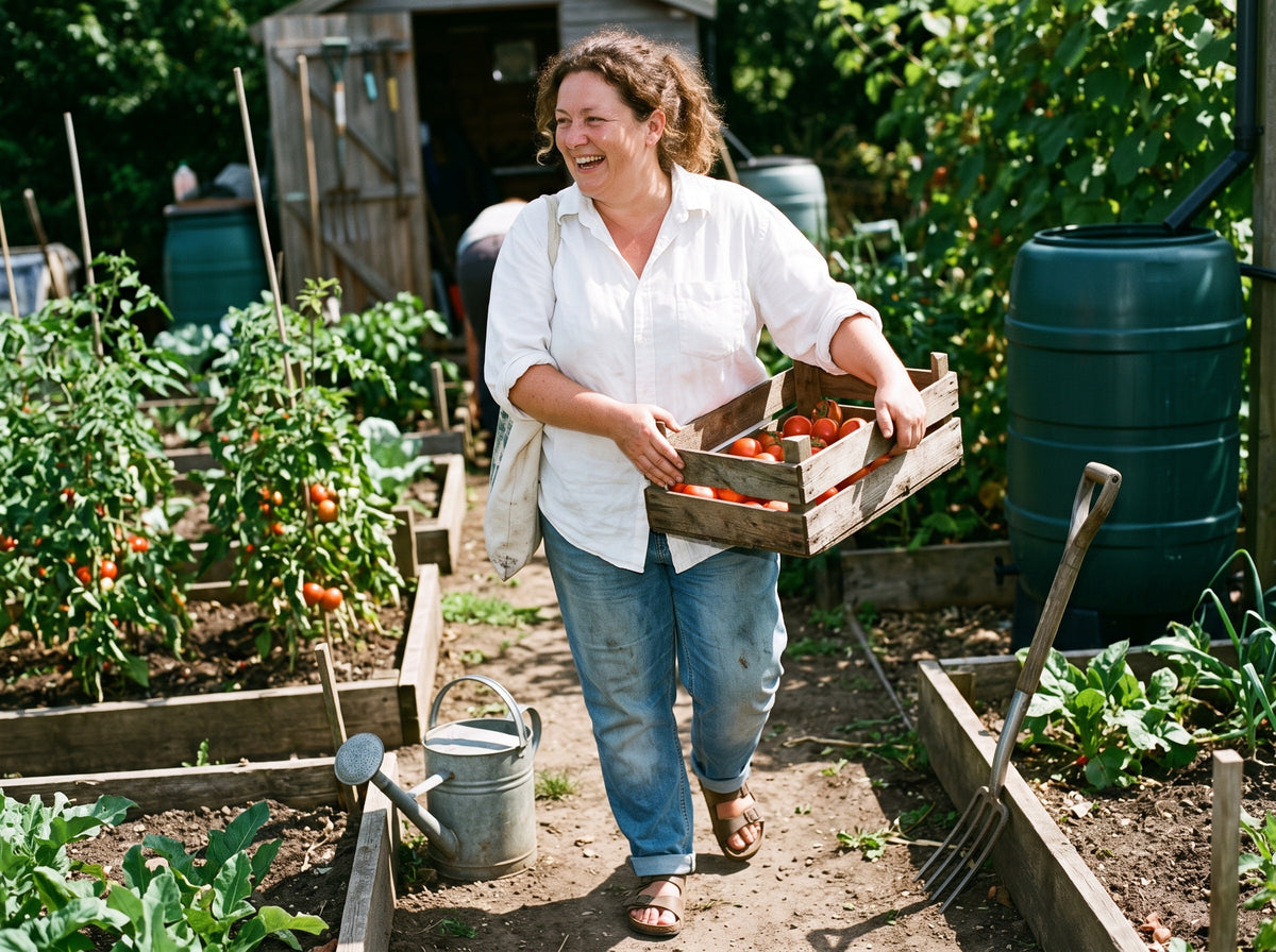 A fat, plus-size woman in her late 40s, about UK dress size 22, with a big soft belly, wide hips, full arms and a round face, in faded jeans and a loose men's white shirt, carries a wooden tray of tomatoes down an allotment path in the middle of the day, laughing at someone off-frame.