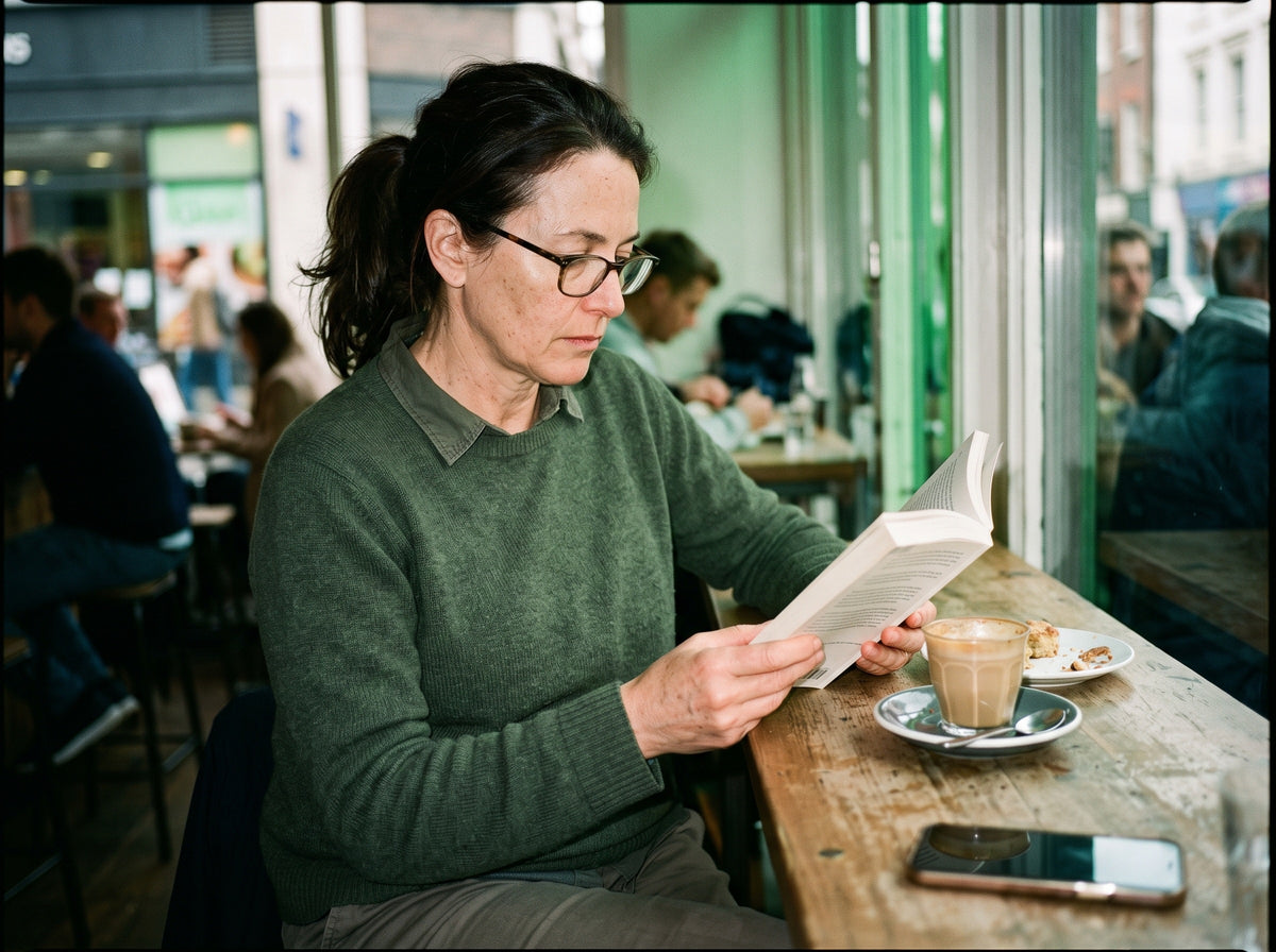A woman in her early 50s with dark hair tied back sits at a café table by the window in the daytime, reading a paperback with full concentration, reading glasses on, her mouth closed and her expression serious and absorbed.