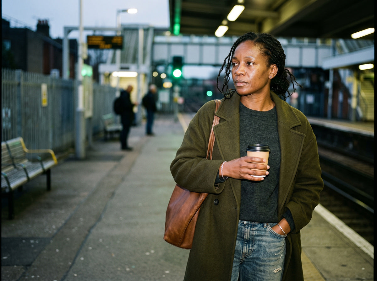 A Black woman in her mid 40s in an oversized coat stands on a train platform at dusk, looking down the track with a calm, thoughtful, neutral face, not smiling, a leather bag on her shoulder and a takeaway cup in her hand.