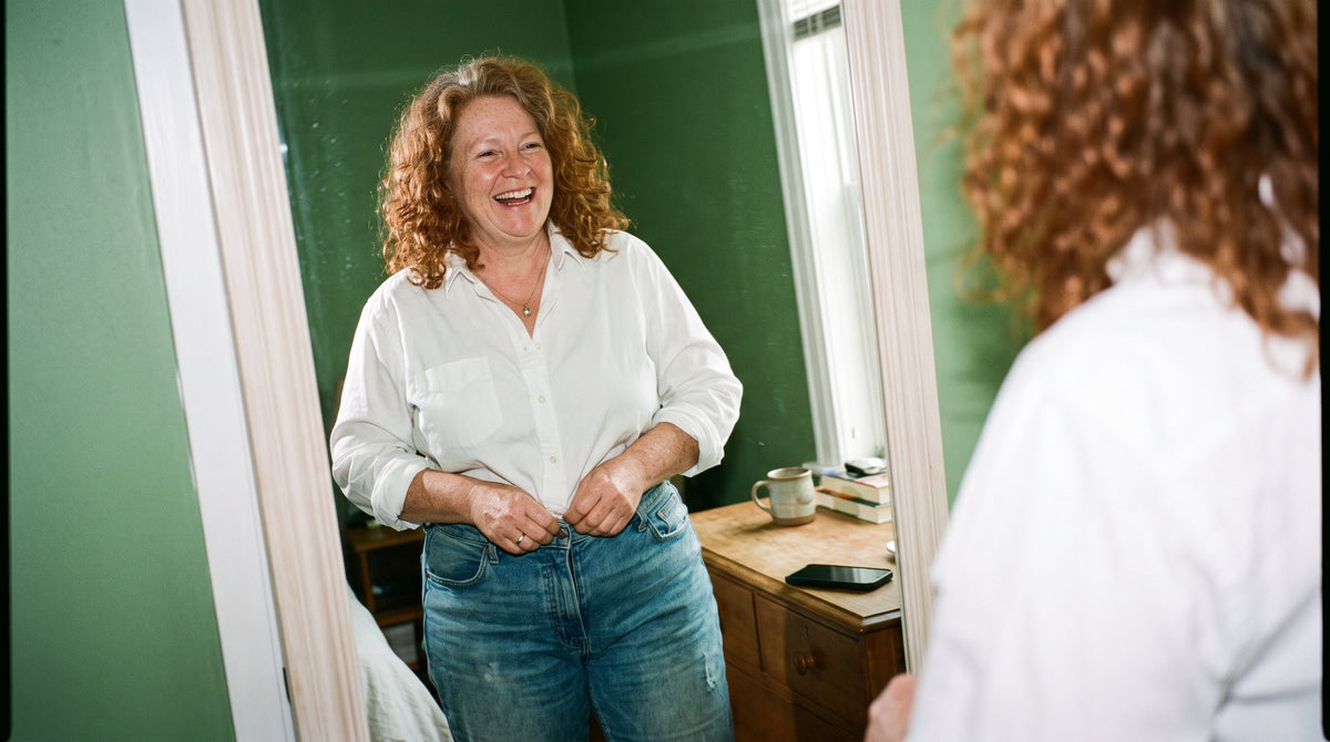 A plus-size woman in her mid 50s with a larger, fuller body, freckles and curly red hair going grey, laughing, gets dressed in front of a bedroom mirror, buttoning well-worn jeans while talking to somebody else in the room.
