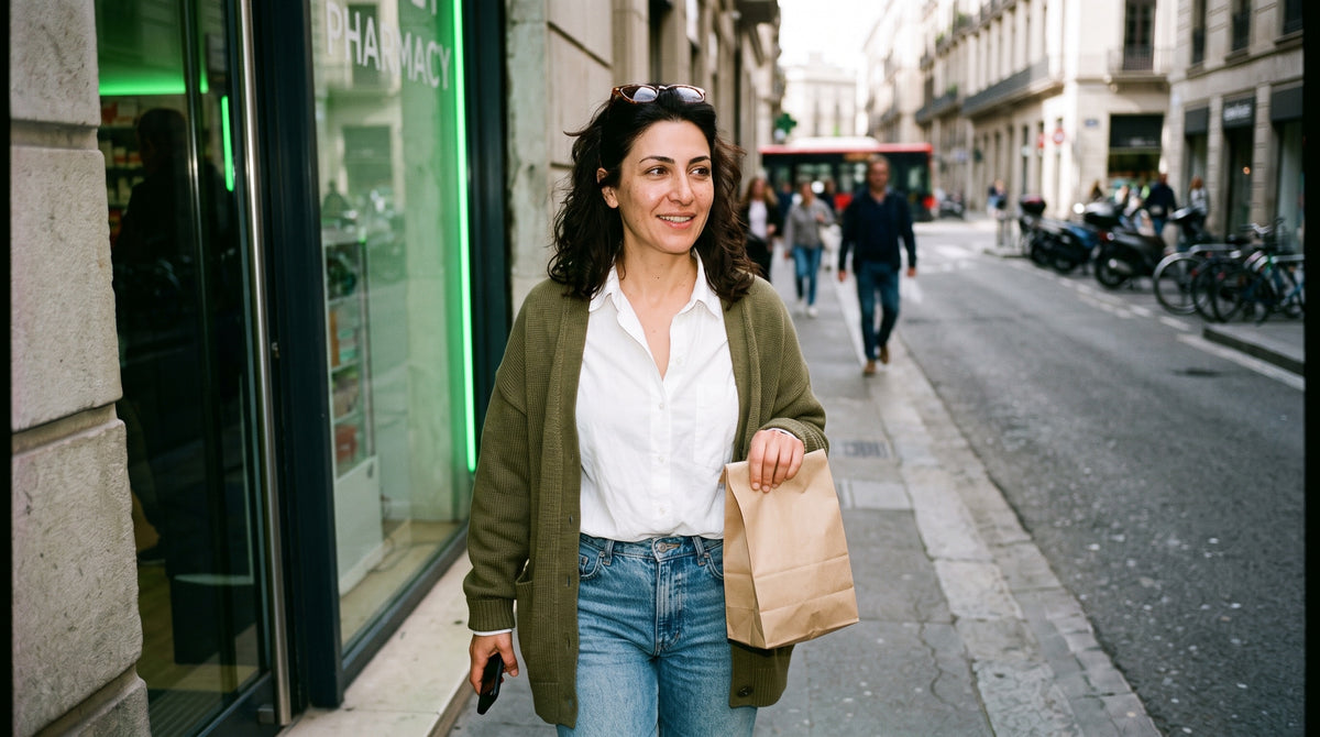 A woman in her early 40s of Middle Eastern heritage steps out of a pharmacy onto a sunny street with a small paper bag in hand, sunglasses pushed up into her hair.
