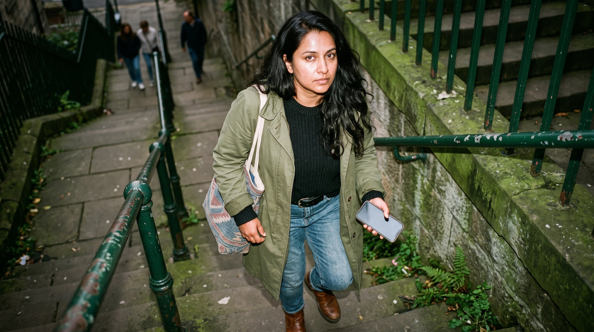 A plus-size South Asian woman in her mid 30s with a larger, fuller body and long black hair, her face determined and not smiling, takes the stone steps of a city staircase two at a time, coat open, tote bag swinging, looking back at the photographer.