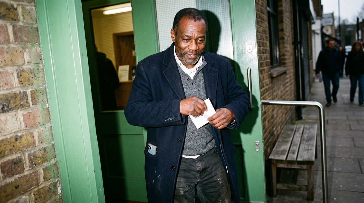 A Black British man in his early 60s walks out of a GP surgery onto a street, folding a blood test form into his coat pocket, looking thoughtful but not worried.