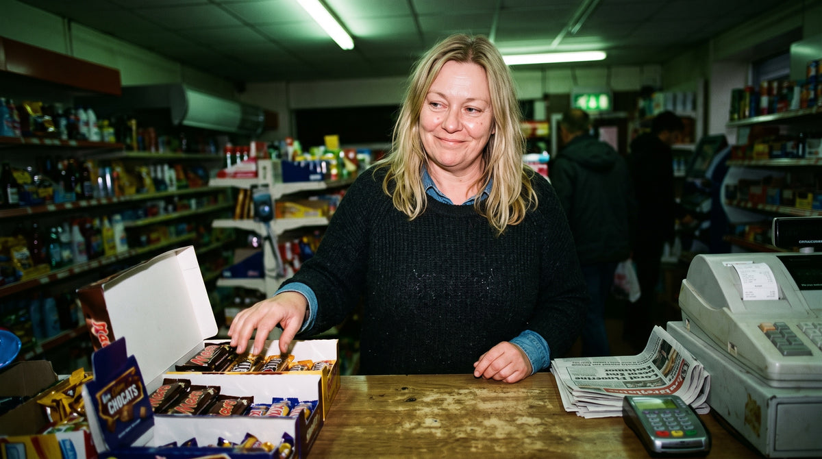 A plus-size woman in her late 40s with a larger, fuller body and shoulder-length blonde hair at a corner shop counter at four in the afternoon, her hand hovering over a chocolate bar, half-amused at herself.
