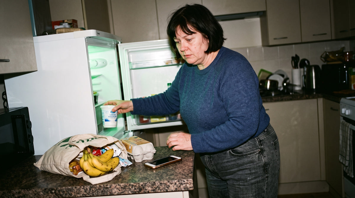 A plus-size white woman in her late 40s with a larger, fuller body and a short dark bob, tired and not smiling, her face serious, unpacks shopping on a kitchen counter late in the evening, the fridge door open and lighting her face, reaching for a pot of Greek yoghurt.