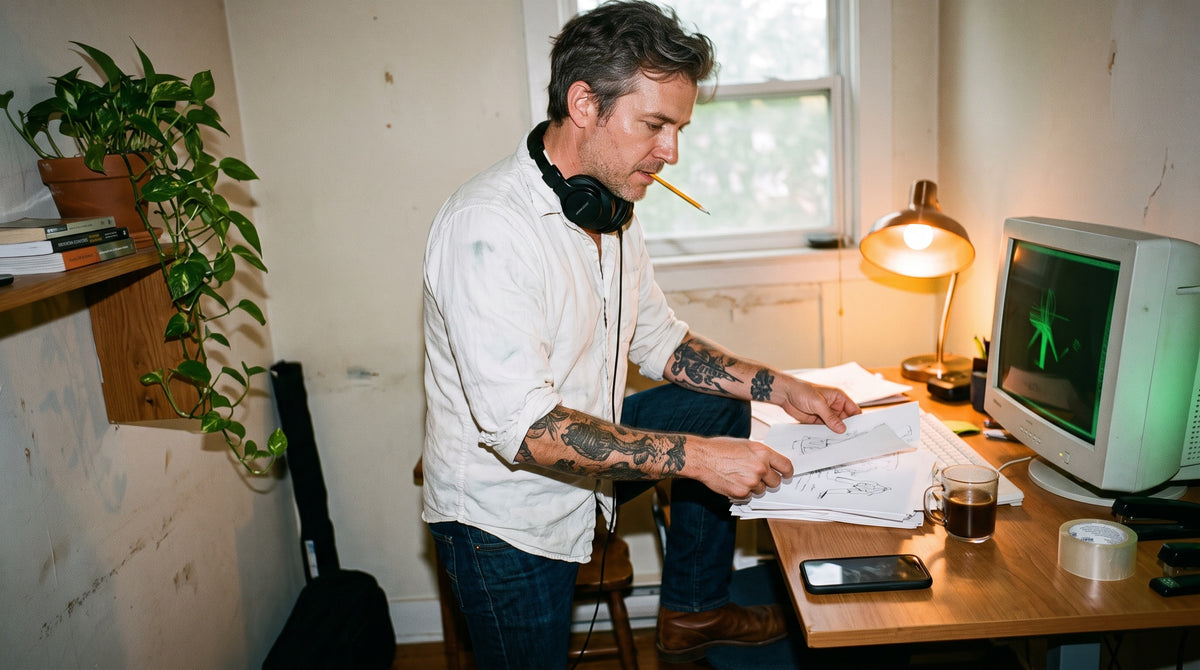 A man in his early 40s with tattooed forearms stands at a busy desk in a small home studio, headphones round his neck and a pencil between his teeth, sorting sketches mid-task.