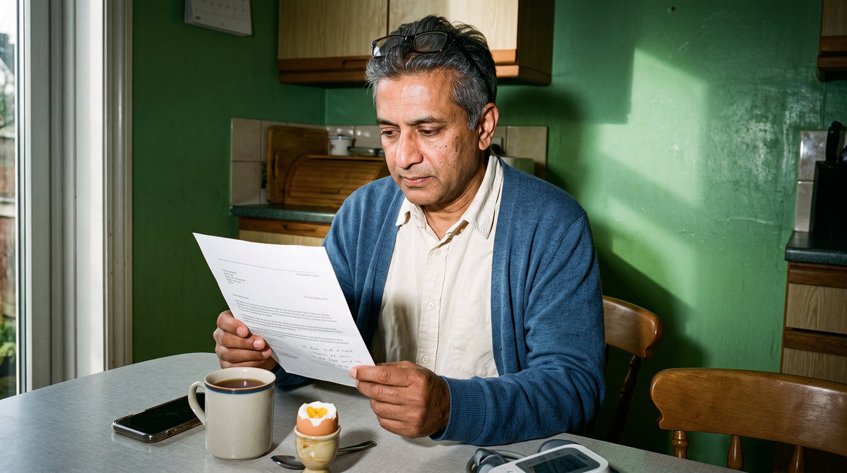 A man in his mid-50s of South Asian heritage sits at his kitchen table in the morning reading a folded letter from his GP, reading glasses pushed up on his forehead, a mug of tea and half a boiled egg in front of him.